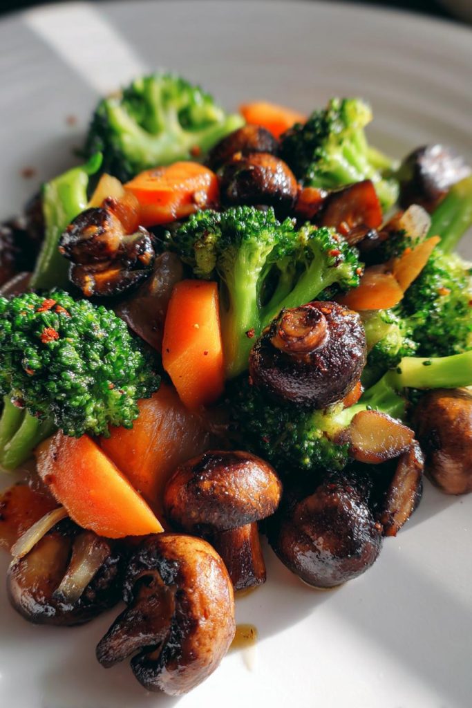 15 minuten pfanne mit champignons brokkoli und karotten geniesen