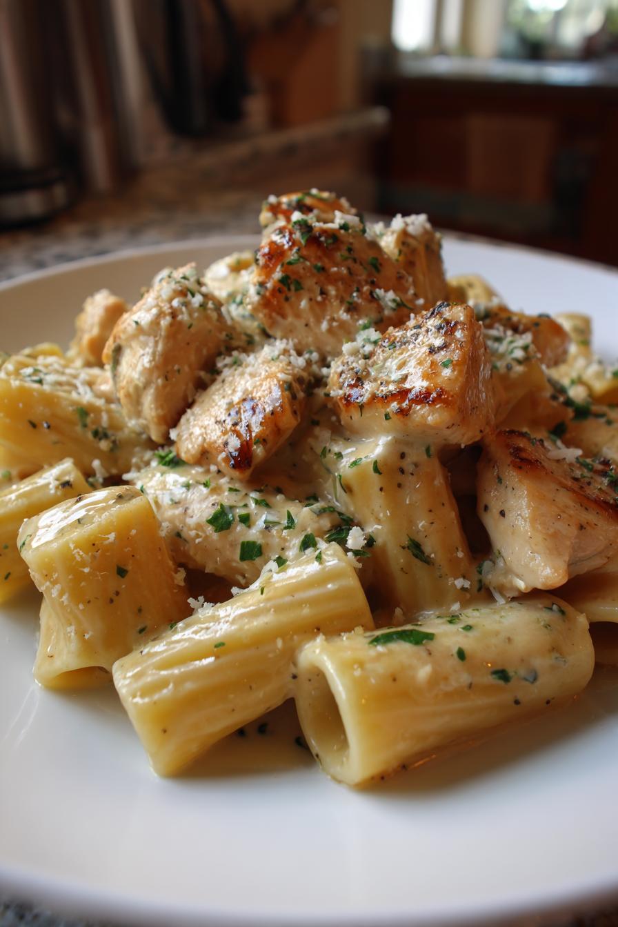 cremiges knoblauchbutter huhn mit rigatoni geniesen - detail 1
