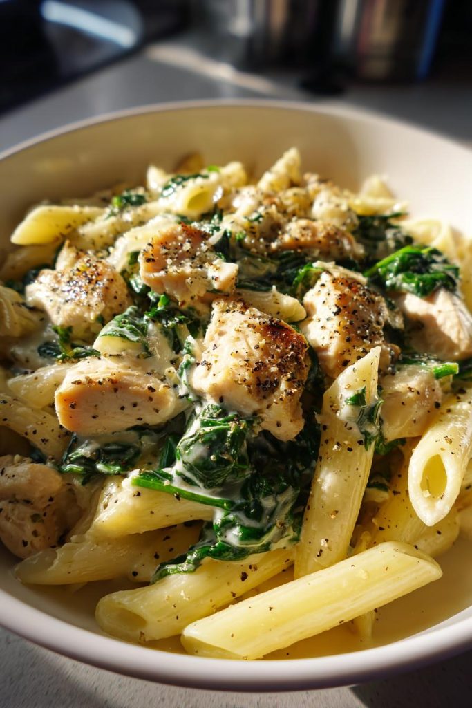 frischkase spinat hahnchen pasta rezept einfach zubereiten