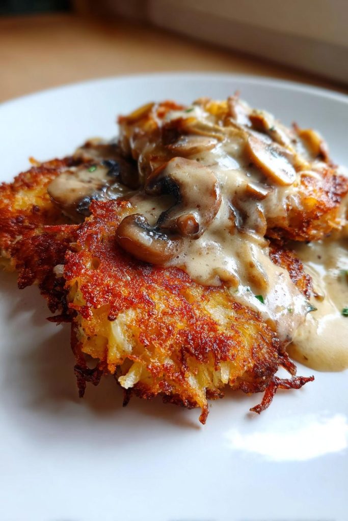 mozzarella rosti mit zwiebel pilzsose einfach zubereiten